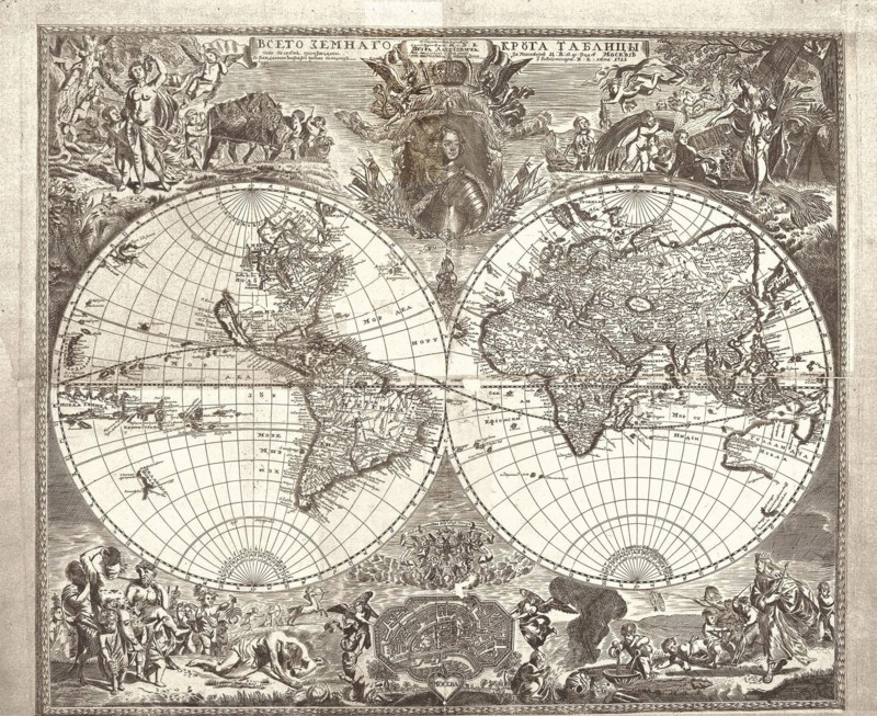 Double hemisphere map of the World, 1713. Artist: Kiprianov, Vasily Anufrievich (1669-after 1723)