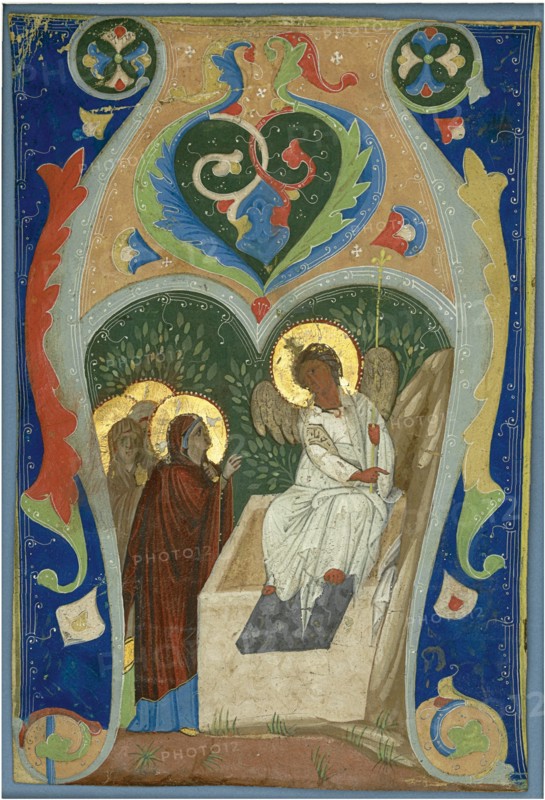 Three Maries and the Fiery Angel at the Tomb. Initial, ca 1310. Artist: Anonymous