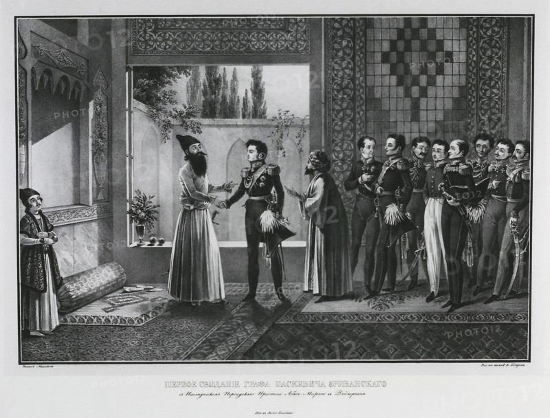 First Meeting of Count Ivan Paskevich with Abbas Mirza, 1828. Artist: Beggrov, Karl Petrovich (1799-1875)