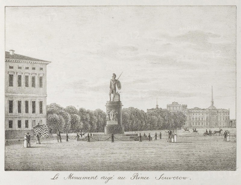 View of the Field of Mars and the Suvorov Monument in Saint Petersburg, 1821-1822. Artist: Martynov, Andrei Yefimovich (1768-1826)