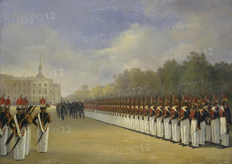 Parade of the Pavlovsky Guard Regiment on the Field of Mars in Saint Petersburg, 1830s. Artist: Ladurner, Adolphe (1798-1856)