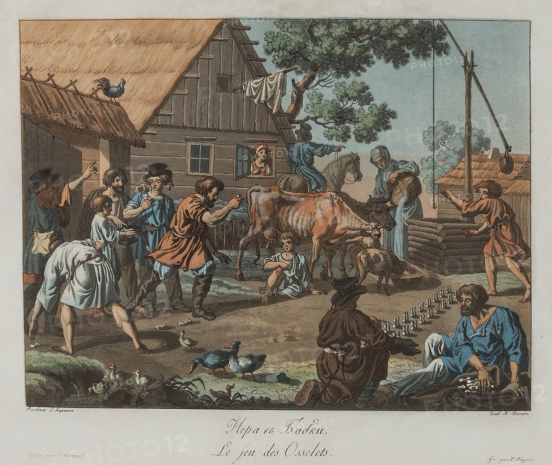 Boys playing Knucklebones (Babki), ca 1812. Artist: Korneev (Karneev), Yemelyan Mikhaylovich (ca 1780-after 1839)