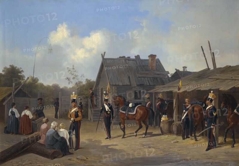 Soldiers bivouacking in a village, 1843.
