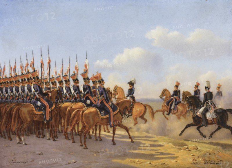 Nicholas I and his entourage reviewing the Life Guards Lancer (Ulansky) His Majesty's Regiment, 1846