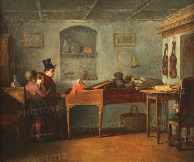 The schoolmaster with the boys singing flat at the piano, 1840.