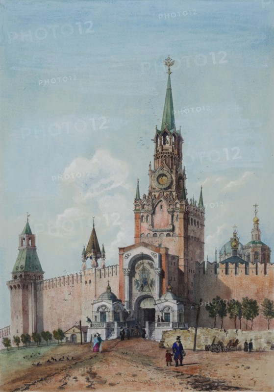 The Spasskaya Tower (Saviour Gates) in the Moscow Kremlin, 1839.
