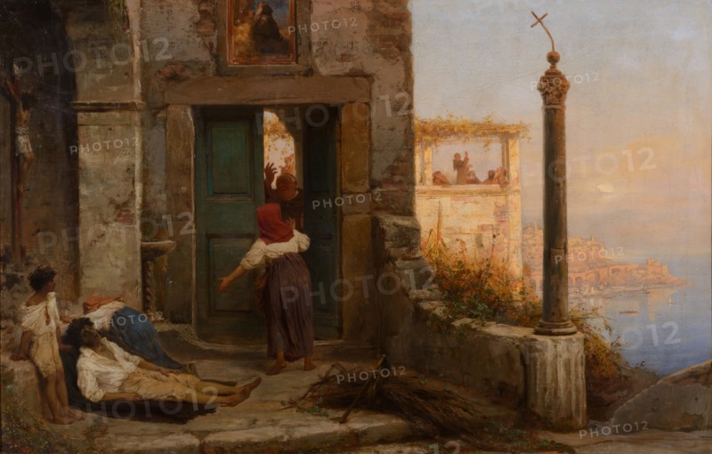 Sick man at the walls of a Catholic monastery, 1874.