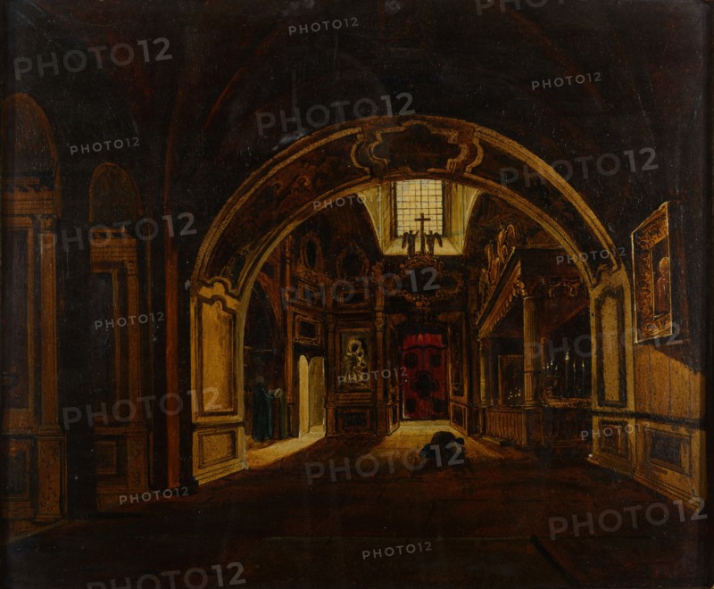 Inside view of the Lower church of Saint Basil's Cathedral in Moscow, First half of the 19th cent..