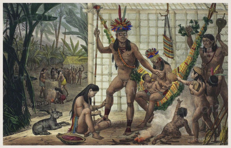 Family of a Camacan Indian Chief Preparing for a Festival. Illustration from Voyage pittoresque et h