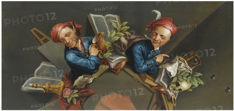 An anamorphic Trompe l'Oeil with a Vanitas still life.
