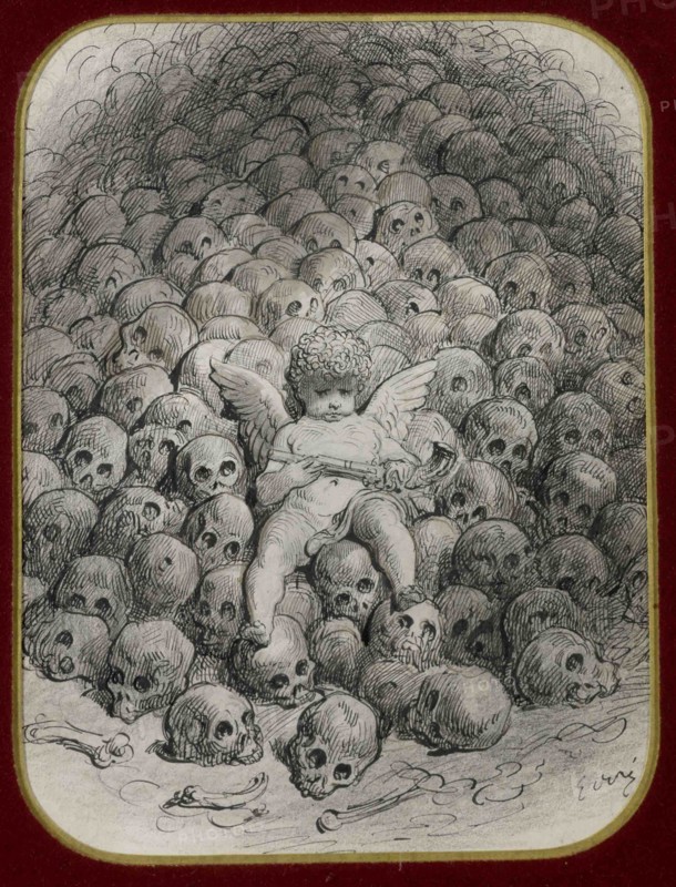 Cupid with a Pistol on Top of a Mountain of Skull.