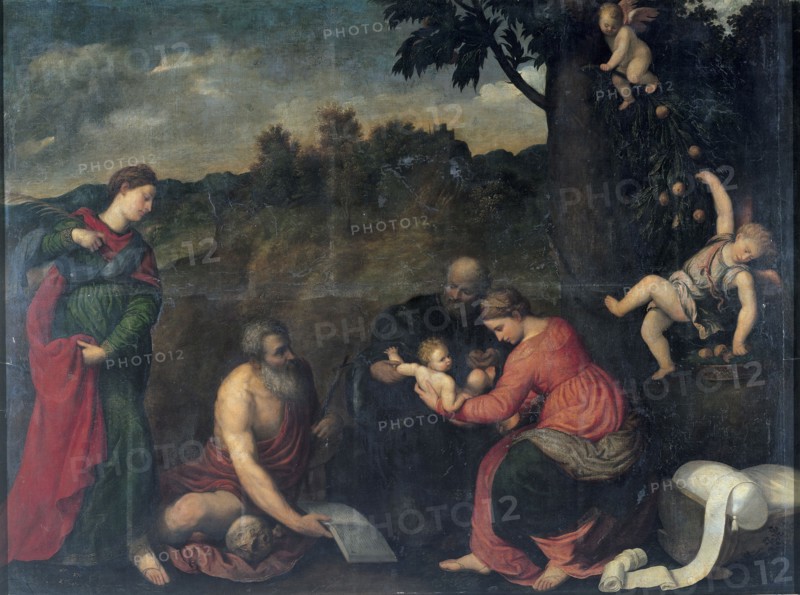The Holy Family with Saints Jerome, Catherine of Alexandria and angels.