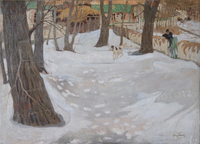 Winter Landscape with Small House and Dog.