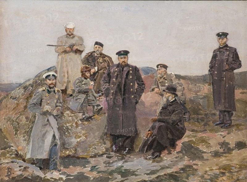 Group portrait of Savva Mamontov, Sergei Witte with the railway engineers.