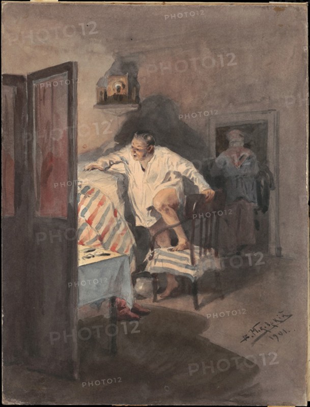 Chichikov at the house of Korobochka. Illustration for the novel Dead Souls by N. Gogol.