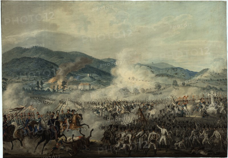 The battle between the Russian-Austrian and French troops.