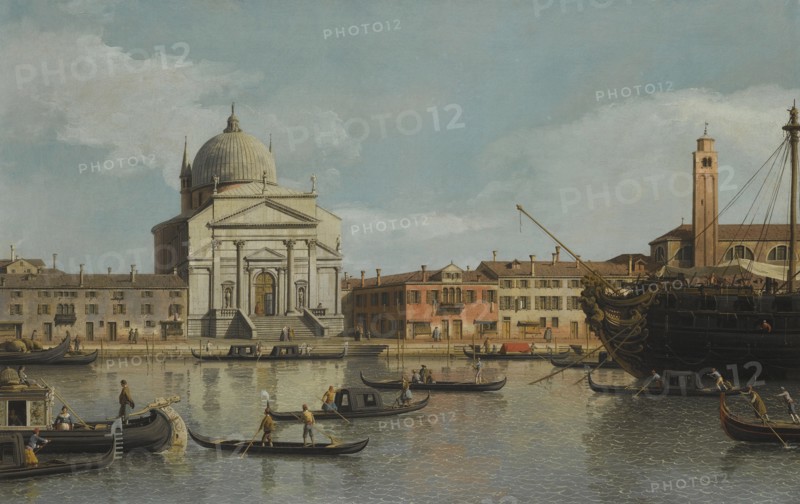 Venice, a view of the Churches of the Redentore and San Giacomo, with a moored Man-of-war, gondolas