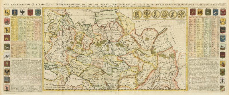 Map of Muscovy, with coats of arms, Russian coins of the day and explanatory panels.