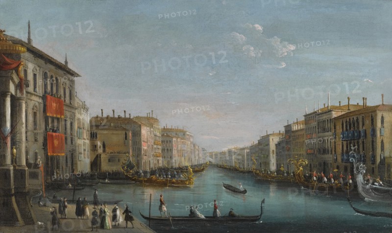 View of the Grand Canal from the Palazzo Balbi looking toward the Rialto Bridge with a Regatta.