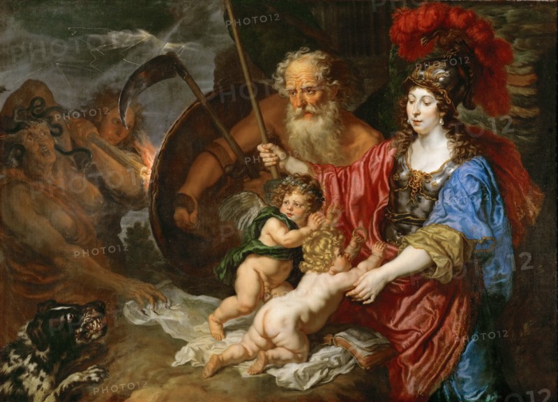 Minerva and Saturn protecting Art and Science from Envy and Falsehood.