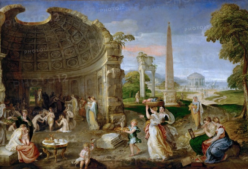 Landscape with antique ruins and bathing women.