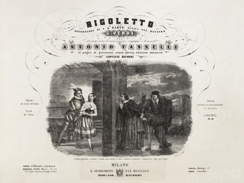 Cover of the first edition of the vocal score of opera Rigoletto by Giuseppe Verdi, 1852.