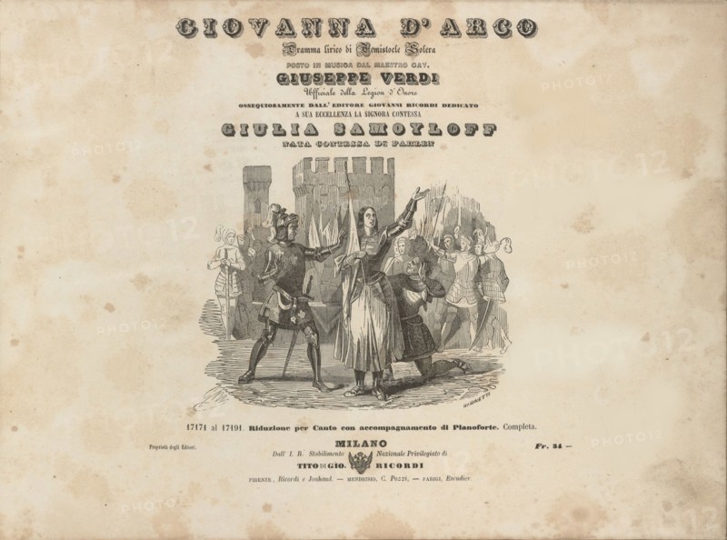 Cover of the first edition of the vocal score of opera Giovanna d'Arco by Giuseppe Verdi, c. 1846.