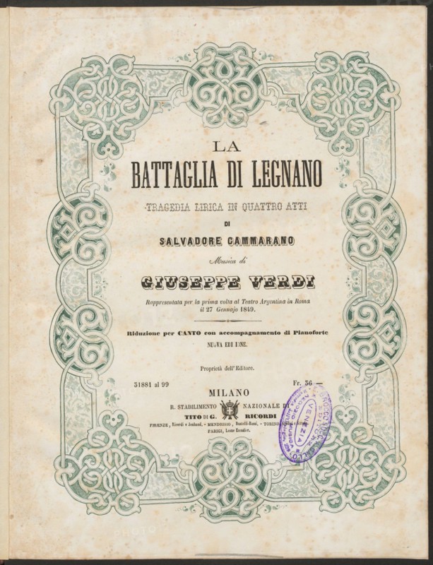 Cover of the vocal score of opera La battaglia di Legnano by Giuseppe Verdi, 1860.