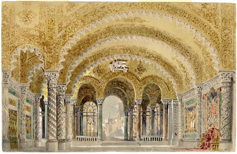 The great castle room, Act III, Set design for opera Otello by Giuseppe Verdi, world premiere, La Sc