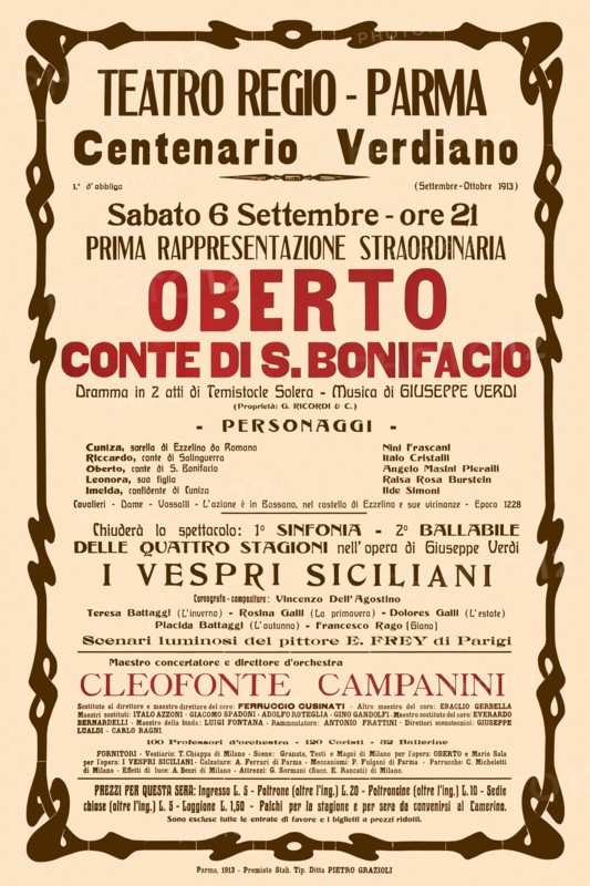 Poster for the opera Oberto conte di San Bonifacio by Giuseppe Verdi in Teatro Regio di Parma, 1913.