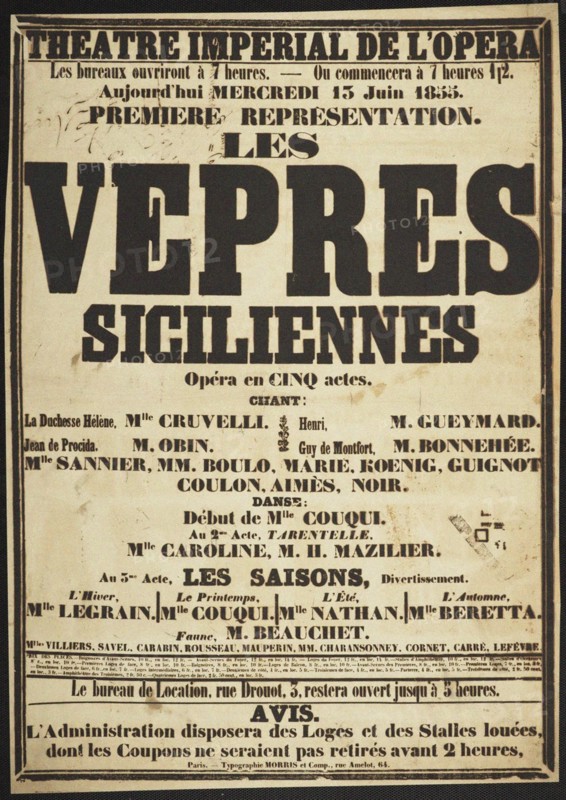 Premiere Poster for the opera Les Vêpres siciliennes by Giuseppe Verdi in Théâtre impérial de l'Opér