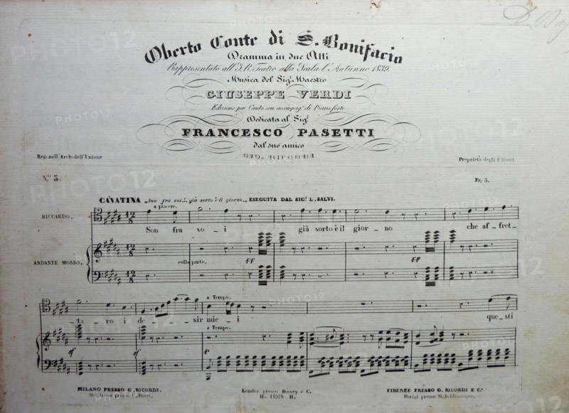 Cover of the score of the opera Oberto conte di San Bonifacio by Giuseppe Verdi, 1850.