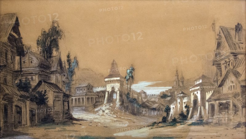 Stage design for the theatre play Posadnik by A. Tolstoy, 1878.