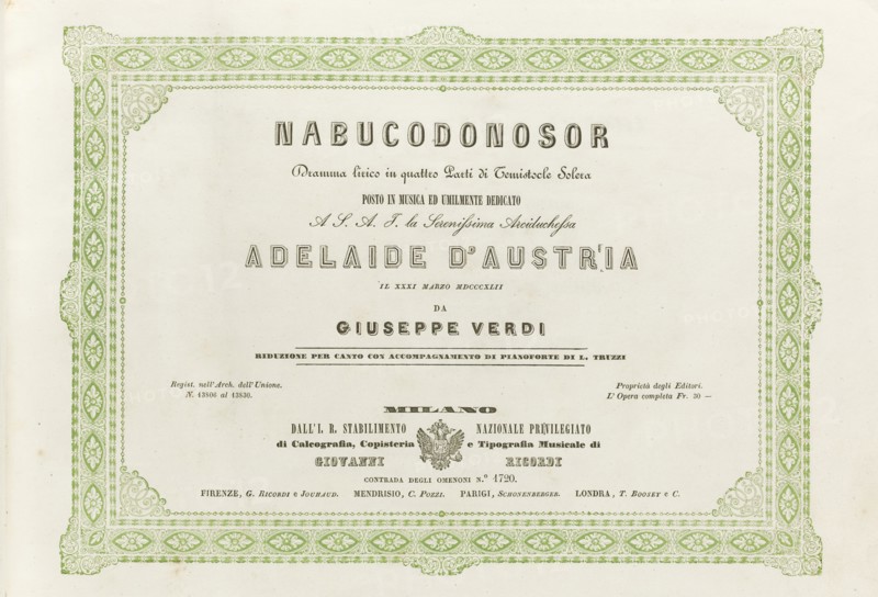 Cover of the score of the opera Nabucco by Giuseppe Verdi, 1842.
