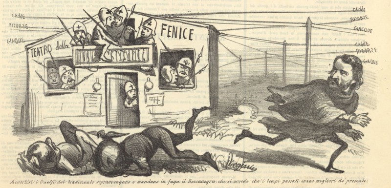 Caricature: Giuseppe Verdi and Teatro La Fenice, 1857.