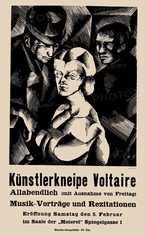 Poster for the opening of the Cabaret Voltaire on 1916-02-05, 1916.