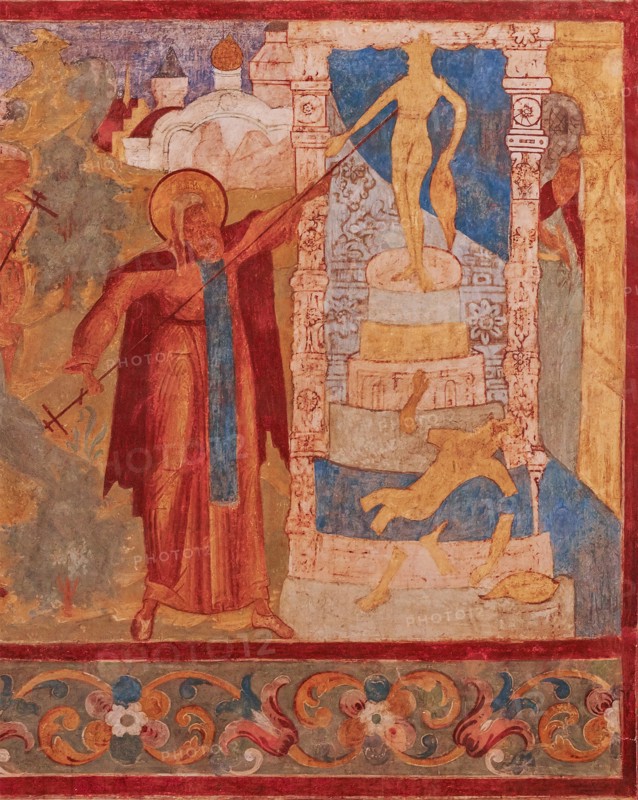 Abraham of Rostov destroys the Veles's statue. Fresco of the Church of Saint John The Apostle in Ros