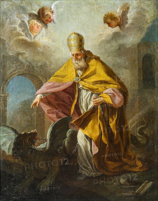 Pope Sylvester I slaying a dragon, 18th century.