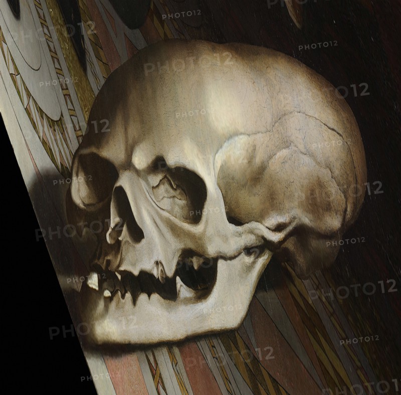 The anamorphic skull. The Ambassadors (Detail), 1533.