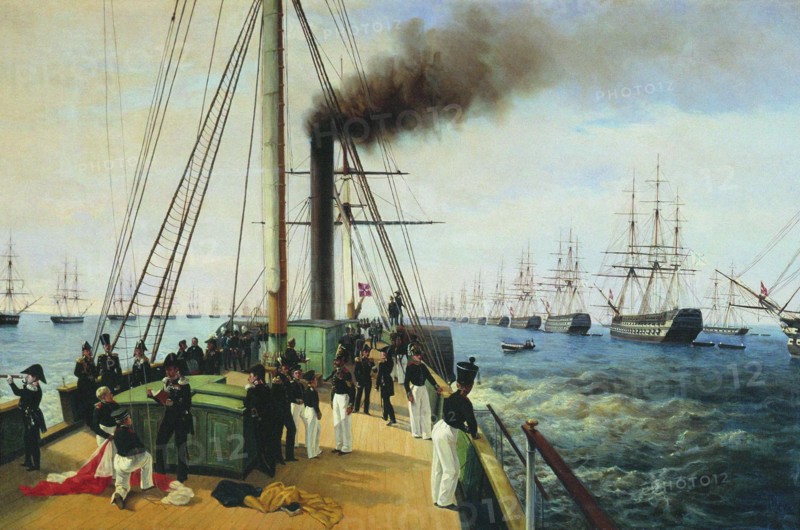 The review of the Baltic Fleet by the Emperor Nicholas I on the steamer Nevka, 1850-1860s.