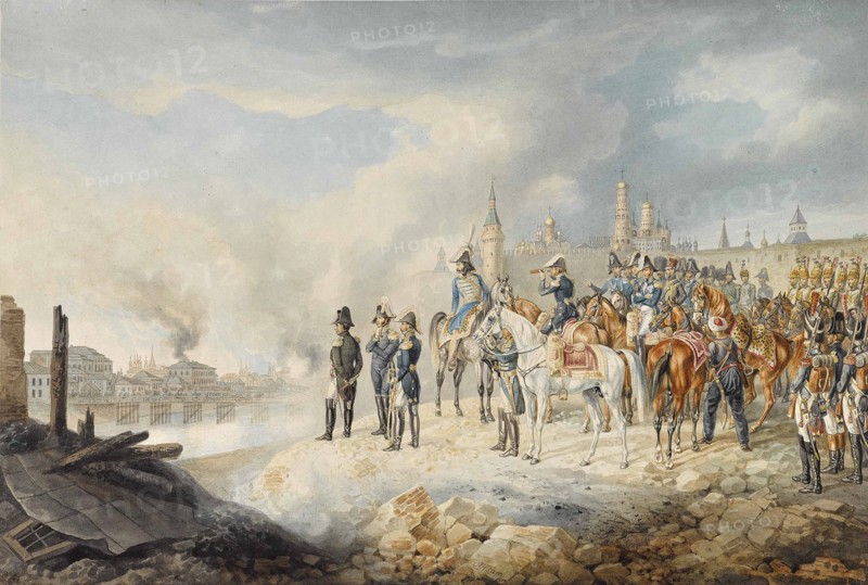 Napoleon and his staff on a hill before the burning Moscow, 1812-1814.
