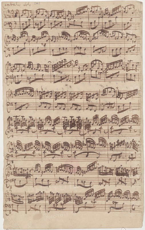 Autograph manuscript of the first page of the Allegro for harpsichord solo from the first version of