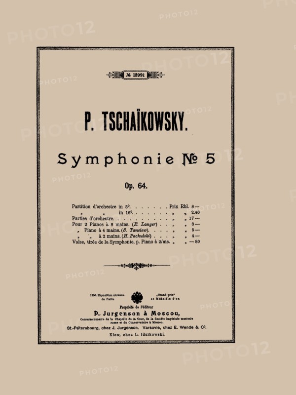 Cover of the score of the Symphony No. 5 in E minor, Op. 64 by Pyotr Tchaikovsky, 1888.