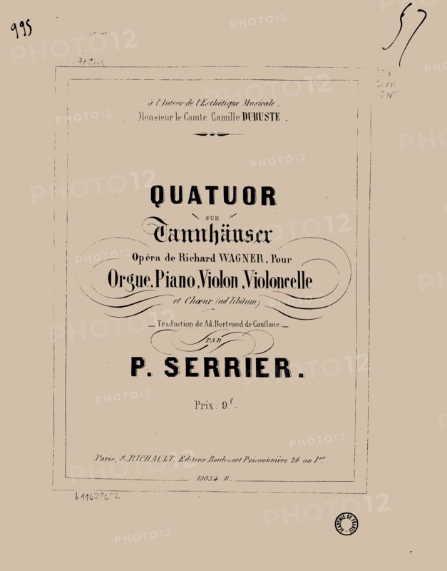 Quatuor sur Tannhäuser de Richard Wagner pour orgue, piano, violon, violoncelle et choeur, 1857.