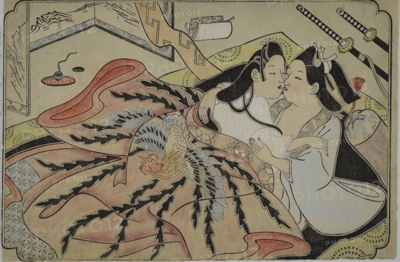 Lovers under a quilt with phoenix design, 1680s.