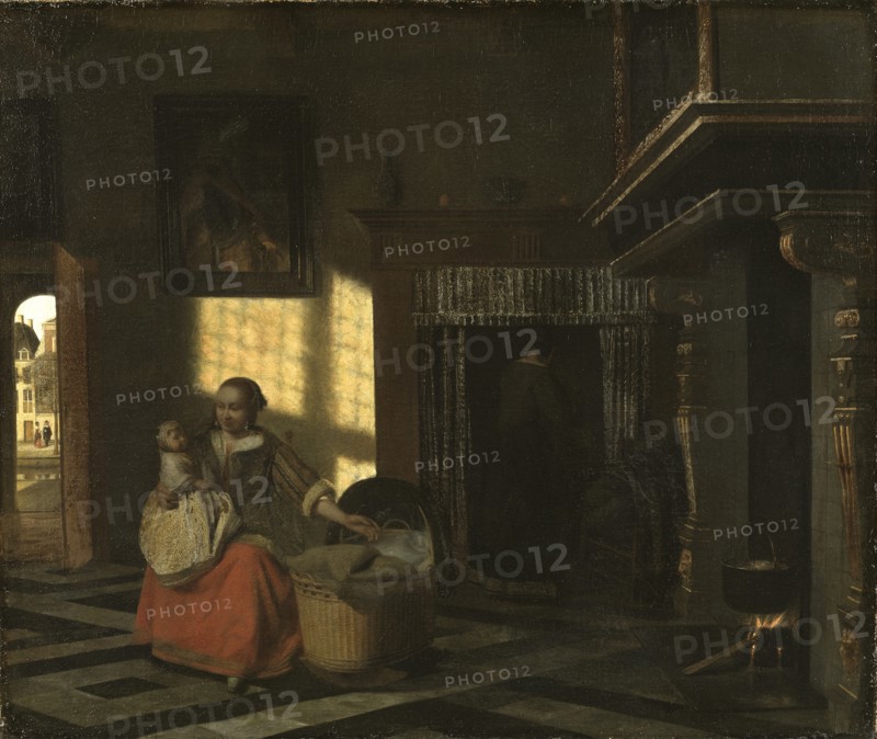 Interior with a Mother close to a Cradle, ca 1665.