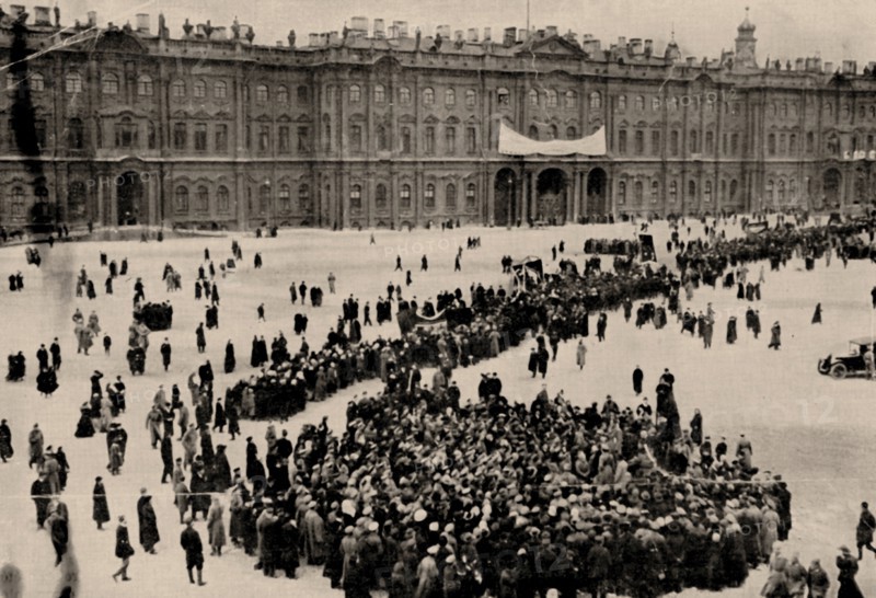 Demonstrators gather in front of the Winter Palace in Petrograd, 1917.