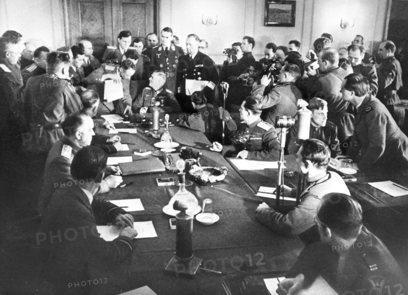The signing the German Instrument of Surrender in Berlin, May 8, 1945, 1945.