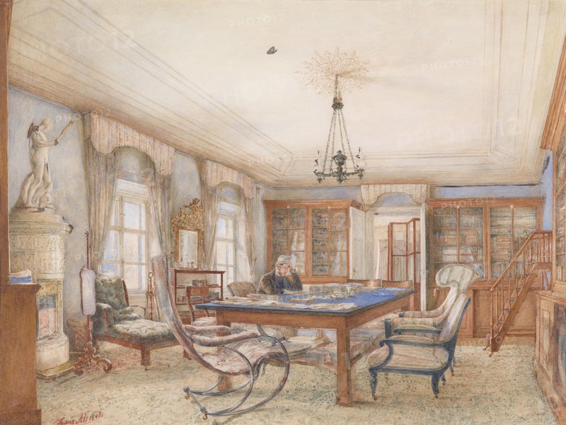 Biedermeier interior with a man sitting at a table, 1846.
