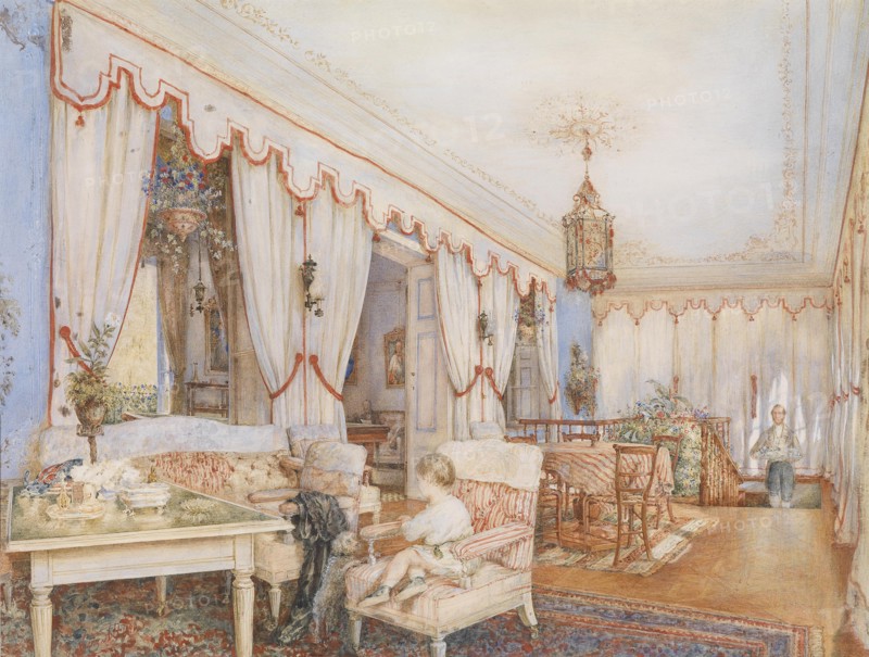 Interior with a child playing with a dog, 1846.